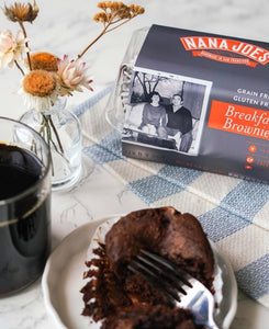 Breakfast Brownies on a table with a fork and coffee