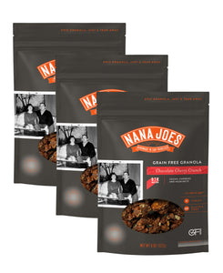 Three packages of Nana Joe's Grain Free Granola on a white background