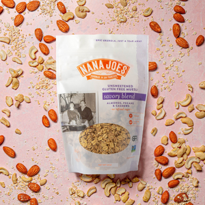 Organic Unsweetened Gluten Free Muesli Savory Blend with Almonds, Pecans and Cashew lifestyle on pink background, certified gluten free