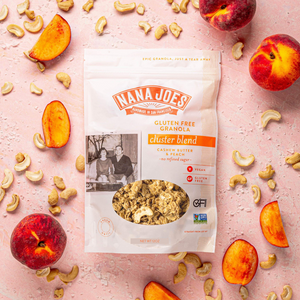 Organic Cluster Blend: Cashew Butter and Peach, lifestyle pink background, certified gluten free